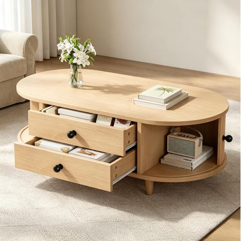 DESMIU Table basse Ronde avec 2 tiroirs et portes coulissantes, pour Salon, en MDF, bois naturel, 100 × 50 × 36 cm (1/5)