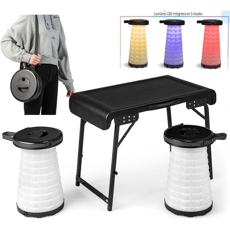 COSTWAY Conjunto Mesa Plegable Camping y Taburete Plegable Telescópico Portátil con LED, Taburate Altura Ajustable, Conjunto Portátil Silla y Mesa para Playa, Picnic, Barbacoa, Exterior Interior (1/5)