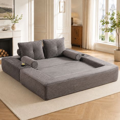 Sofá cama de 2 plazas (180x98x80 cm), con bolsillos laterales y portabebidas, pana gris oscuro (1/5)