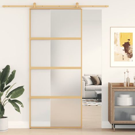 Porte coulissante,Porte glissante pour l'intérieure doré 90x205 cm verre ESG dépoli et aluminium CFW94048 (1/5)