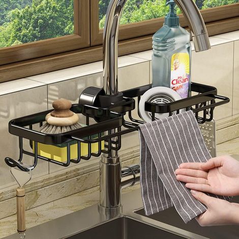 Orga. robinet cuisine: support éponge anti-rouille + porte-serviettes - Tuyau Ø0.7-1.1"(18-28mm) Noir (1/5)