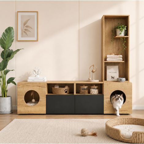 TV-Schrank 185/40/162 cm in Schwarz/Natur mit Katzenbereich und Hochregal (1/5)