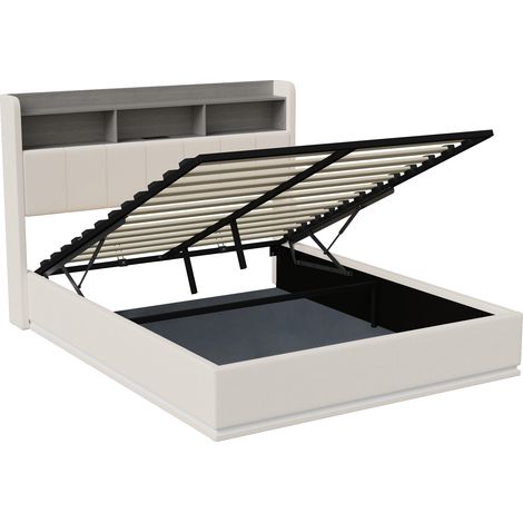 Lit coffre 140x190,lit 140x190 avec sommier, Velours blanc - USB intégré - LED - 3 compartiments de rangement
