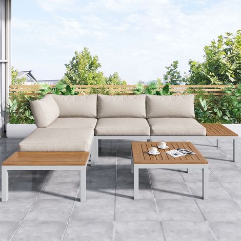 Set di mobili da giardino moderni per 4 persone, composto da 2 divani a due posti, 2 tavolini, 1 tavolo con piano in legno di acacia, colore beige. (1/5)