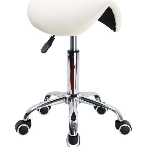 Tabouret selle de cheval réglable en hauteur 45-61 cm – Cuir PU blanc – 360° pivotant – 5 roulettes – Confortable pour bureau et spa – Kktoner