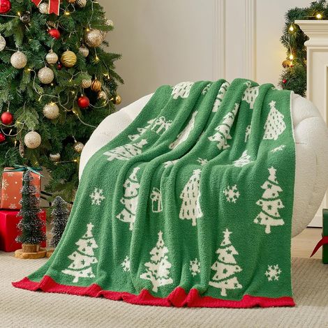 Plaid réversible sapin de Noël vert 50x60 cm - Couverture ultra douce et confortable en peluche, décoration festive pour canapé, fauteuil et lit, cadeau de Noël idéal (1/3)