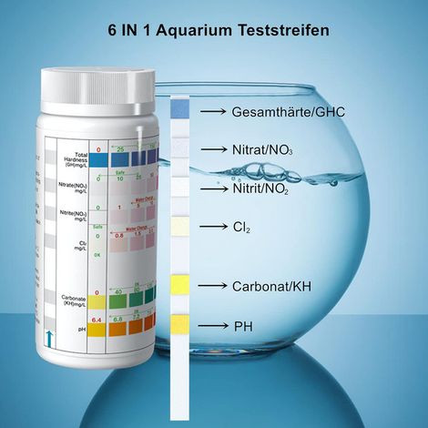Bandelettes de Test Aquarium 6 en 1 Test de Qualité de l'Eau pour Poisson Kit de Analyse pH Nitrite Nitrate Chlore Dureté Carbonate