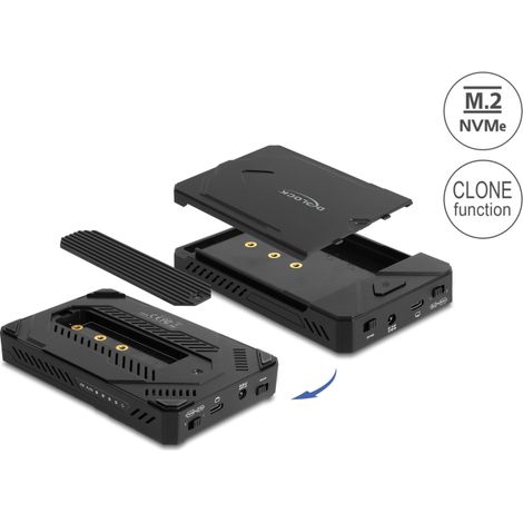 Delock Carcasa USB Type-Câ¢ para 1 x unidad SSD M.2 NVMe + 1 x unidad SSD / HDD SATA de 2.5 con funciÃ³n de clonaciÃ³n.