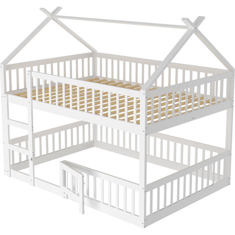 Lit superposé enfant 140 x 200 cm avec escalier et barrières de sécurité en bois blanc - HOMVRA (1/5)