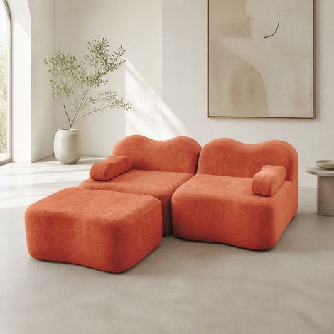 Divano angolare modulare 2 posti con pouf, senza montaggio, in velluto arancione DESVIAE (1/5)
