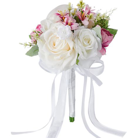 Bouquet Mariage Soie Rose Rouge Blanc, Fleurs Artificielles Romantiques Pour Cérémonie -KZQ (1/2)