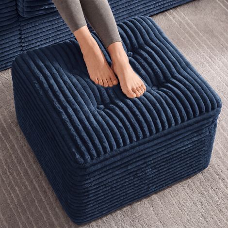 Fabulcozy 60 cm Puff Ottoman de Pana - Reposapiés Comfort con Espuma de Doble Capa, Gran puf Asiento Suave y Base sólida, Taburete de pie para salón(Azul) (1/5)