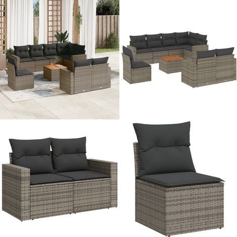 Salon de jardin 9 pcs avec coussins gris résine tressée - Salon De Jardin - Mobilier De Jardin - Set Salon Extérieur - Résine Tressée - Meuble D'extérieur - Home & Living
