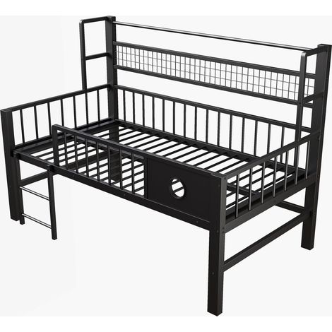 Letto a soppalco basso per bambini 90x200 cm in metallo e MDF con contenitori e barra nero (1/5)