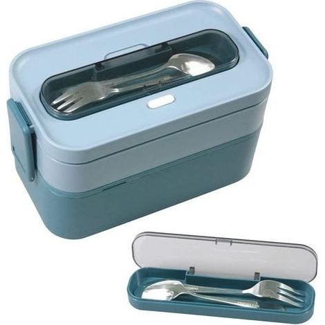 Lunch Box Office Lunch Box Kit 1600ml PP Bento Box, 2 Tier Lunch Box avec Couverts pour Pique-Nique école Bureau Adulte Enfants, Passe au Micro-Ondes (Bleu 1600ml) (1/5)