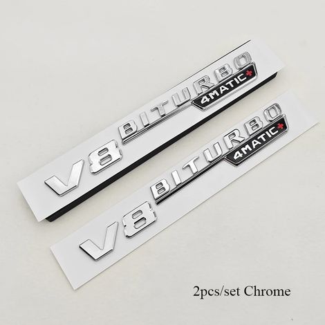 (2 pièces chromées) - Emblème 3D V8 BITURBO 4MATIC+ compatible avec Mercedes-Benz AMG C63 E63 G63 - Logo latéral, autocollant de coffre - Accessoires de style (1/5)