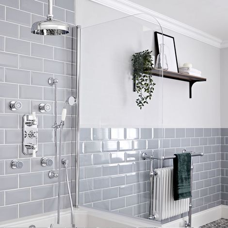 Hudson Reed Elizabeth - Kit de douche rétro - Mitigeur thermostatique à triple fonctions avec inverseur&44 Pommeau de douche pluie rond de 20 cm&44 Buses hydromassantes et Kit douchette sur rampe - Ch (1/5)