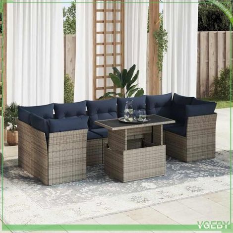 Salon de jardin - 3326122 - Ensemble 8 pcs - Résine tressée gris - Coussins bleu marine, rangement intégré (1/5)