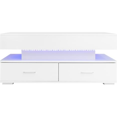 Tavolino da caffè sollevabile 100x50x44 cm con LED, 2 cassetti e vano contenitore, bianco (1/5)