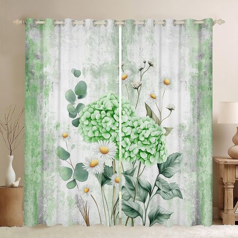 Rideau Occultant 140x260 cm Fleur D'Hydrangée Verte,Rideau Fleur de Printemps,Rideaux Voilage Peinture À l'huile Abstraite Aquarelle Floral Rustic Farmhouse,Ombre Vert Gris Design - 140L X 260H cm (2 (1/5)