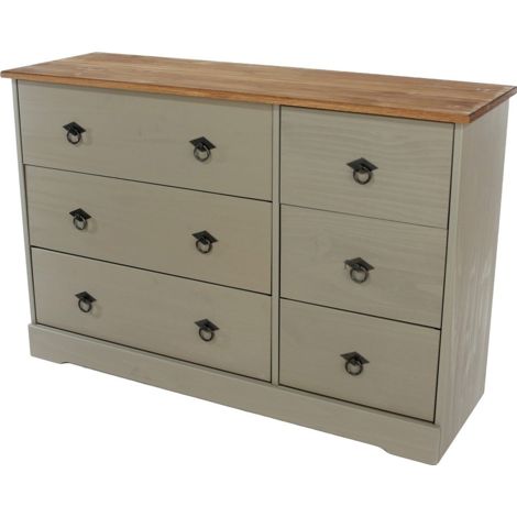3 Over 3 Wide Chest of Drawer - Pine - L36.8 x W114.1 x H74.8 cm - Grey - Screw/Nail&Dowel