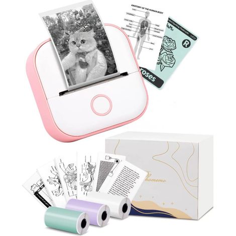 Imprimante d'étiquettes Bluetooth portable, sans encre, imprimante thermique sans fil pour téléphone portable, idéale pour les études, les notes, les photos, les étiquettes et les graphiques (rose). (1/5)