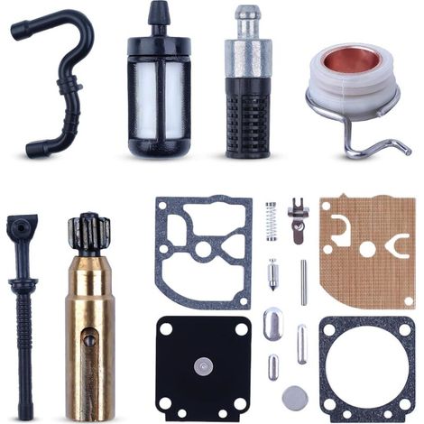 Kit d’engrenage vis sans fin pour pompe à huile compatible Stihl 017, 018, MS170, MS180, MS250 + kit carburateur et tuyaux
