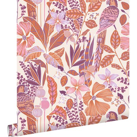 papier peint fleurs tropicales et des oiseaux de paradis orange et violet - ESTAhome (1/5)