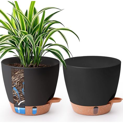 2er Set Selbstbewässernder Blumentopf 20cm Schwarz mit Wasserstandsanzeige (1/5)