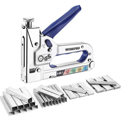 Workpro – Agrafeuse-cloueuse manuelle 4 en 1 – 2000 agrafes U/T50/Pin – Réglage de puissance pour matériaux durs et mous – Ergonomique pour usage prolongé