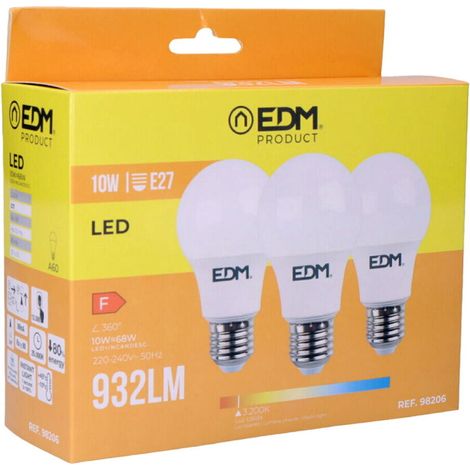 Kit 3 Bombillas LED EDM Estándar E27 10W 932lm 3200K Luz Cálida Ø6x10,8cm (1/4)