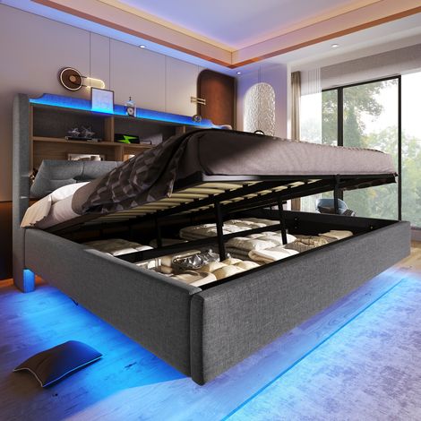 Lit coffre rembourré 180x200 cm, lit capitonné double avec rangement hydraulique, LED, niches de rangement, design flottant, USB Type-C, lin, gris (1/4)