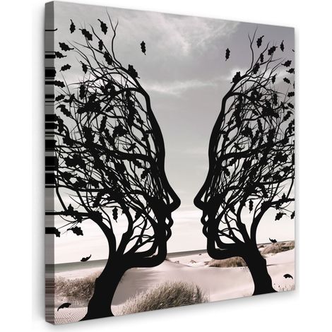 TABLEAU SUR TOILE Plage - Mer - Personnes - Arbre - Art moderne Tableau Chambre Adulte 90x90 cm