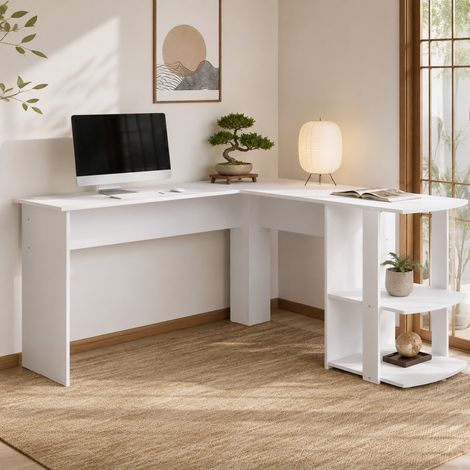 Bureau d'angle en L 140 x 140 x 75 cm avec 2 étagères, blanc DESVIAE (1/5)