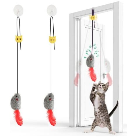 QORVA-2Pcs Jouet Chat Interactif Souris Suspendue avec Queue à Plumes - Souris Suspendue avec Bruit et Corde Élastique - sans Piles, Idéal pour Jeu Autonome (1/5)