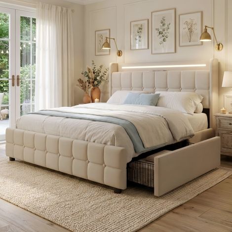 Lit Double 160x200 Rembourré avec LED et Prises USB Cadre de Lit Coffre Tiroirs en Tissu de Lin Sommier à Lattes - Beige