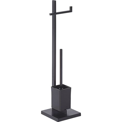 Porte Papier Toilette sur Pied en Acier Noir Avec Support Brosse et Brosse Incluse Aspect Haut de Gamme Pour WC ou Salle de Bain