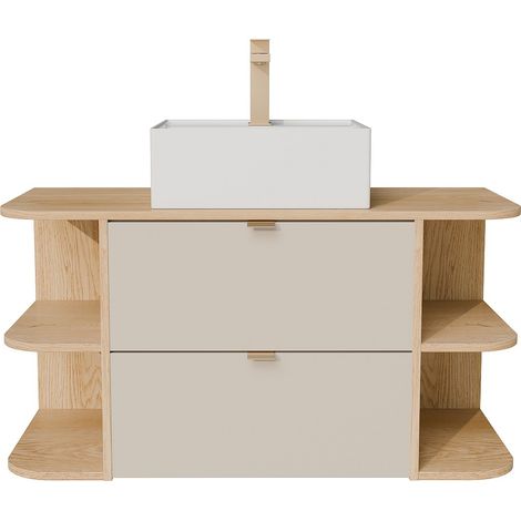 Mobile lavabo singolo sospeso con nicchie, lavabo da appoggio quadrato e rubinetto Beige e Naturale chiaro 100 cm - LAVENA (1/4)