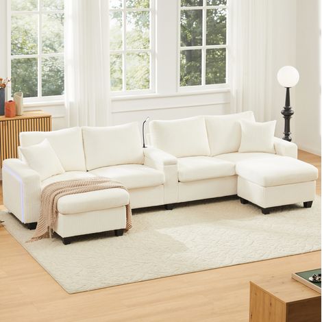 U-förmiges Ecksofa aus beigem Cord, 2 Hocker, Leselampe, USB/Type-C, OKMYHOME (1/5)