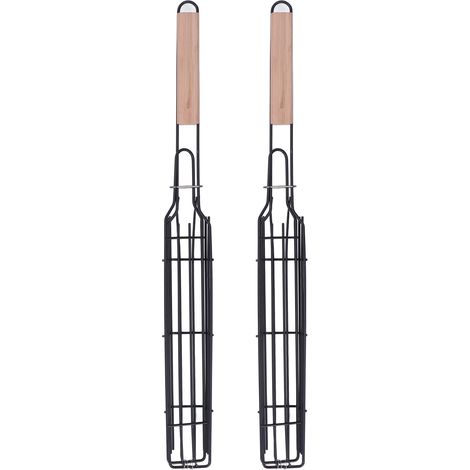 Lot de 2 paniers à saucisses et légumes à griller en acier inoxydable avec poignée en bois, parfaits pour les barbecues et le camping en plein air. (1/5)