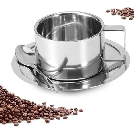 1 Ensemble Tasse, Soucoupe Double Paroi, Acier Inoxydable 304, Cuillère, Latte Cappuccino (1/5)