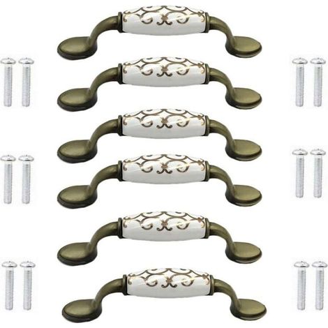 HONORNIC - (6 pièces) boutons de porte en céramique en alliage de bronze pour armoire, armoire, garde-robe, poignée en bronze de style chinois