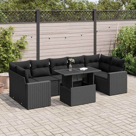 Ensemble de jardin 8 places en résine tressée noire avec coussins et table extensible - Salon extérieur avec rangement intégré (1/5)