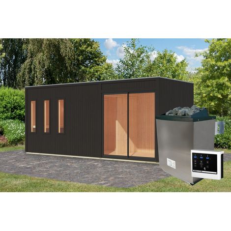 Sauna Extérieur 4-6 Places Bois Noir 12.42m² Poêle 9kW - Monterey Karibu (1/5)