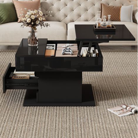 Tavolino da salotto con cassetto, regolabile in altezza, girevole 360°, 70 x 70 x 45 cm, nero (1/5)