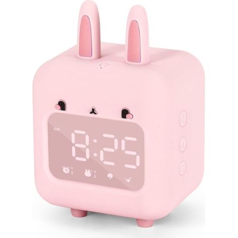 Digitaler Kinderwecker, niedlicher Hasenwecker mit rosa Nachtlicht (1/4)