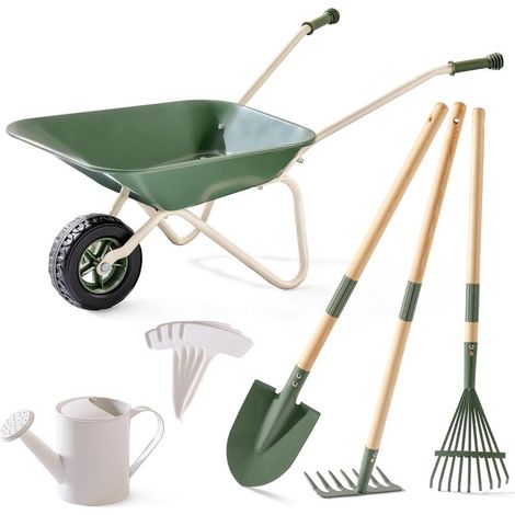 Children's metal wheelbarrow with gardening tools, wheelbarrow with long shovel, axe, rake, watering can, plant labels, gardening tools for girls and boys (1/5)