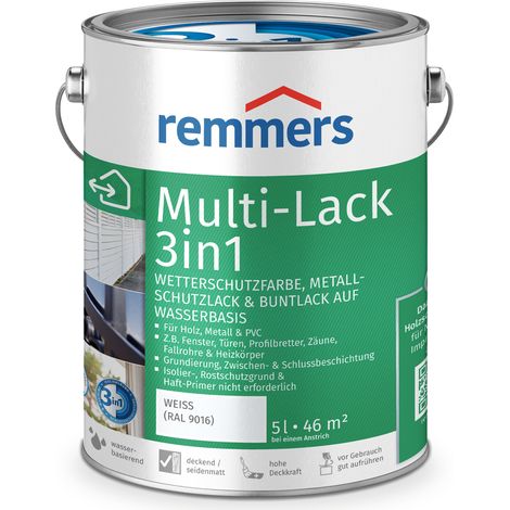 Remmers Multi-Lack 3in1 weiß (RAL 9016), 5 Liter, Wetterschutzfarbe, Metallschutzlack & Buntlack auf Wasserbasis für Holz, Metall & PVC (1/10)