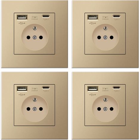 Lot de 4 prises murales avec USB et Type-C, 5 V 2,1 A, prise USB encastrée standard UE, multiprise France, 110-250 V (Doré)