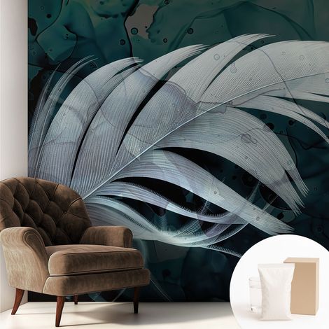 Papier peint intissé mural classique avec imprimé motifs décoratifs design élégant non‑tissé Plume éthérée 250x250 cm (1/5)